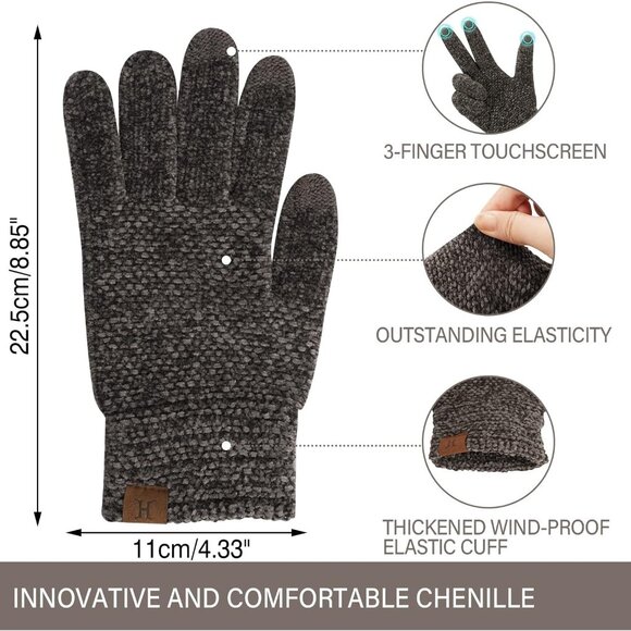 Women's Coffee Chenille Stretchy Elastic Cuff Knit Winter Cold Weather Gloves - Picture 2 of 6
